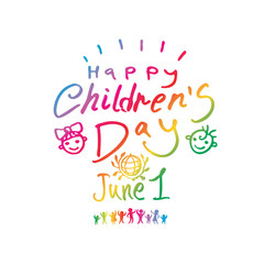 Happy Children's Day. Bright multicolored drawn by hand line logo. Joyful smiling boys and girls template to the International Children's Day. Vector inscription and globe and funny kids.