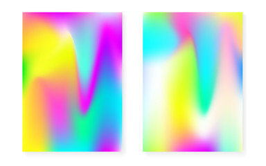 Holographic cover set with hologram gradient background. 90s, 80s retro style. Pearlescent graphic template for flyer, poster, banner, mobile app. Rainbow minimal holographic cover.