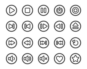 media player line button icon set