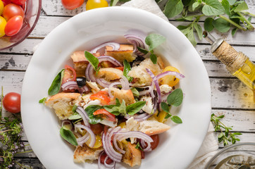 Panzanella salad with crispy croutons