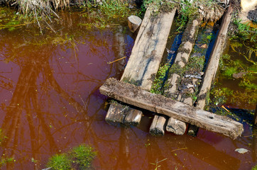 abandoned platform over the pond with red water - 267226273