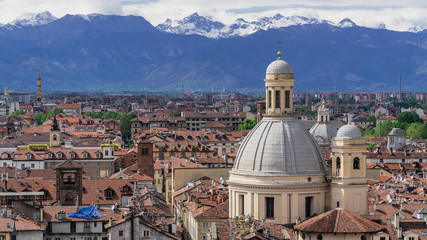 Turin, Torino, aerial timelapse skyline panorama with the Alps in the background. Italy, Piemonte, Turin.