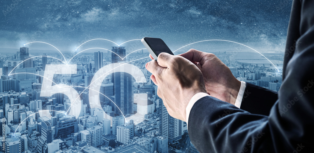 Poster internet networking, 5g internet and wireless technology. businessman using mobile smart phone in th