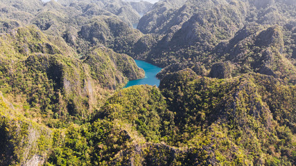 Sea lakes between the rocks. Turquoise lagoon on the Busuanga Islands aerial view.Philippines, Palawan