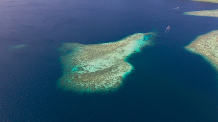 Coral reefs and blue sea, view from above. Philippine nature aerial view
