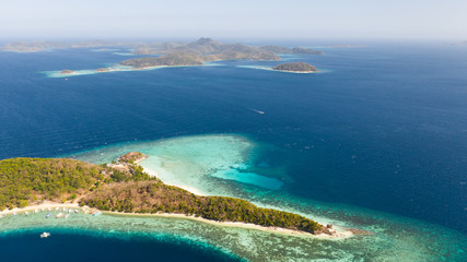 Fototapeta na wymiar aerial view tropical island with sand white beach, palm trees. Malcapuya, Philippines, Palawan. Tropical landscape with blue lagoon, coral reef