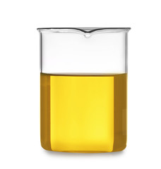 Glass beaker with liquid on white background. Solution chemistry