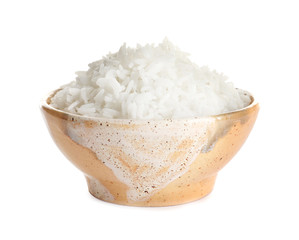 Bowl of tasty cooked rice on white background