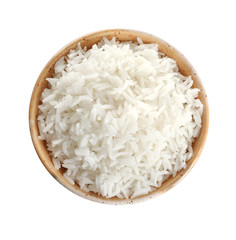 Bowl of tasty cooked rice on white background, top view
