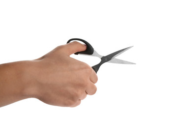 Man holding pair of scissors isolated on white, closeup
