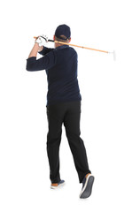 Senior man playing golf on white background