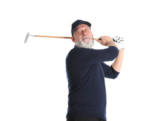 Senior man playing golf on white background