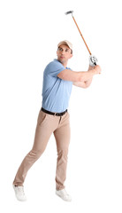 Young man playing golf on white background