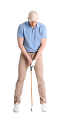 Young man playing golf on white background