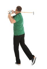 Senior man playing golf on white background