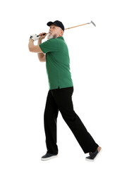 Senior man playing golf on white background