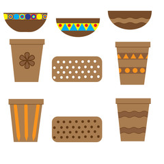 Flower pots for flowers and other plants, ceramic and plastic, geometric. Vector illustration.