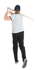 Senior man playing golf on white background