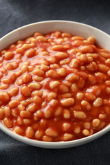 Baked beans in tomato sauce in white bowl