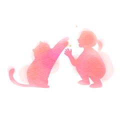 Girl playing with cat silhouette on watercolor background. The concept of trust, friendship and pet care. Digital art painting. Vector illustration.