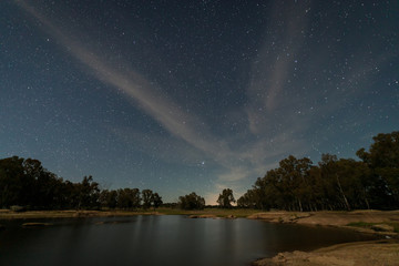 Night landscape with moonlight in the swamp of Valdesalor. Extremadura. Spain.