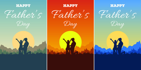 Set of greeting card with lettering Happy Father's Day and silhouette of father and son on background of adventure landscape with mountains, forest, sun and sky. Dad and child in nature at sunset.