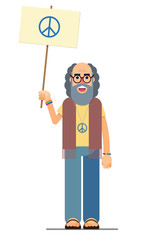 illustration of a smiling hippie with the peace symbol