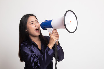 Beautiful young Asian woman announce with megaphone.