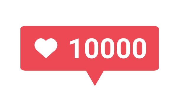 4K social media red heart counter, shows likes over time on a white background with alpha matte