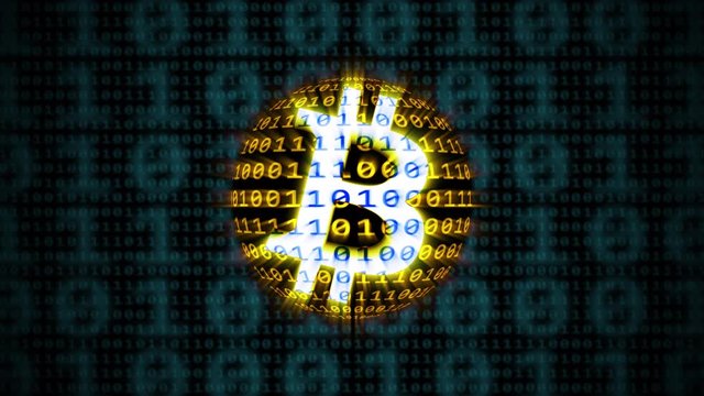 Loopable: Bitcoin cryptocurrency public domain logo animated with randomly changing binary digits on a shiny spinning sphere.