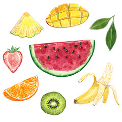 Different fruit clipart set. Hand drawn watercolor illustration, cartoon style, isolated on white. Kiwi, banana, pineapple, watermelon, orange, mango, strawberry and a green leaf.
