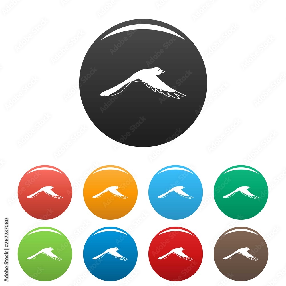 Poster flying magpie icons set 9 color vector isolated on white for any design