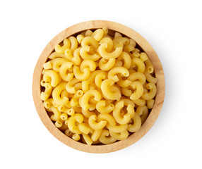 macaroni pasta close up in wood bowl isolated on white background. top view