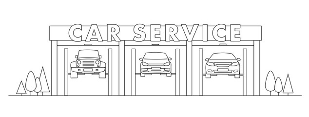 Fototapeta premium Car service linear illustration with cars hanging on hydraulic car lift