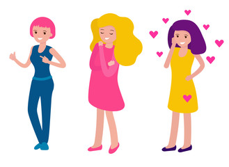 Set beautiful young girls loves myself. Love yourself concept. Happy women in bright dresses. Vector cartoon illustration
