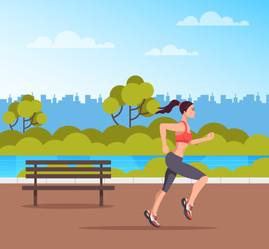 Woman character running in public park. Sport lifestyle concept. Vector design flat graphic cartoon illustration