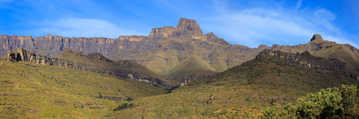 Panoramic view the amphitheater of the Drakensberg mountains, Royal Natal National Park, South Africa.