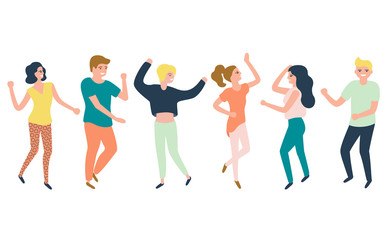 Young happy woman and man dancing to party music. Stylish human at festival event, outdoor concert or club dance floor. Vector flat illustration