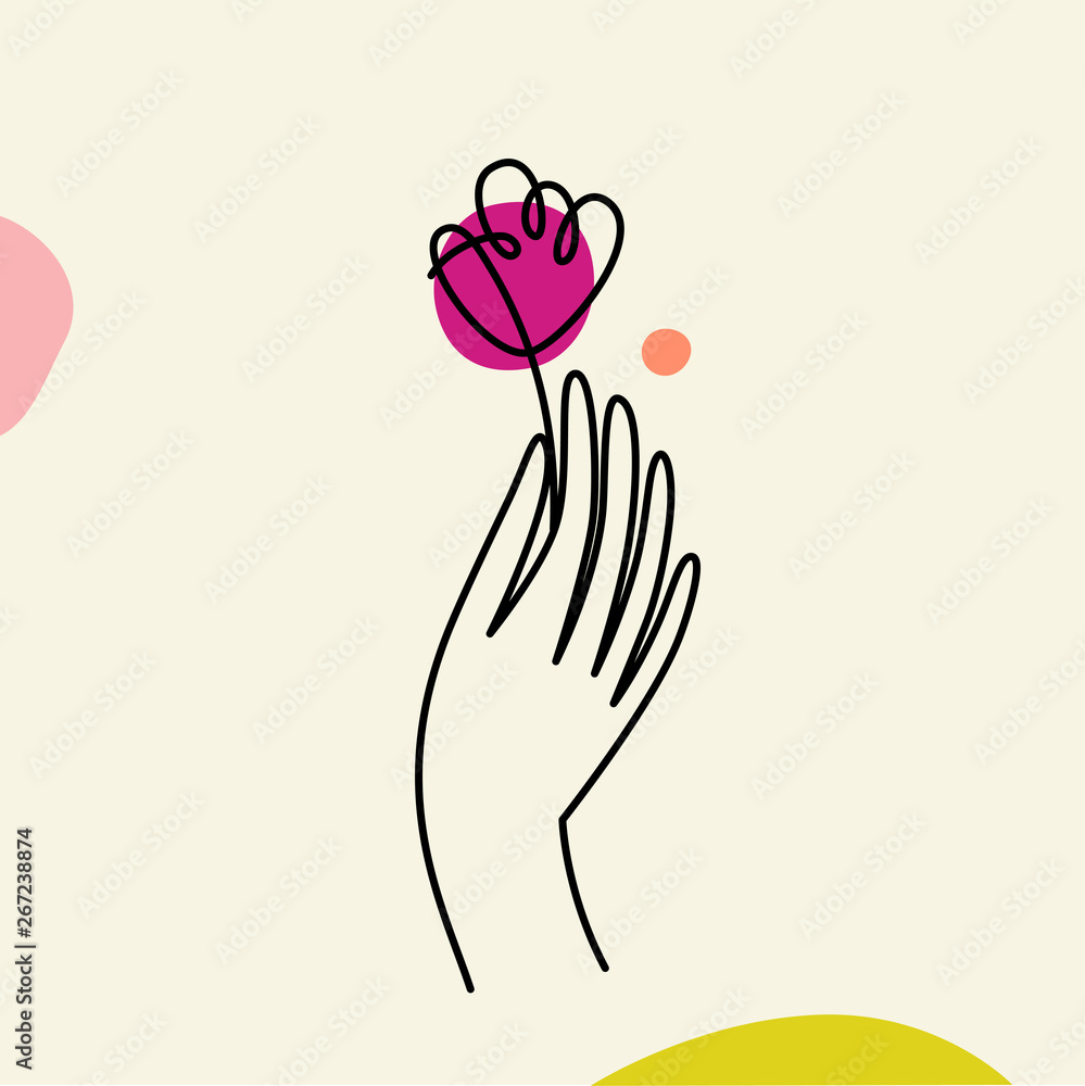 Poster vector illustration in minimal linear style - hand with flower