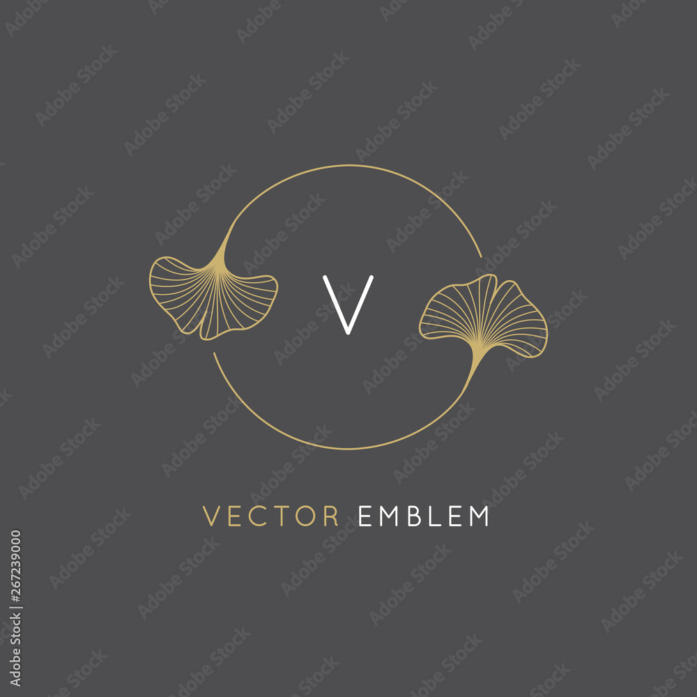 Poster vector abstract logo design template in trendy linear minimal style - ginkgo biloba leaves