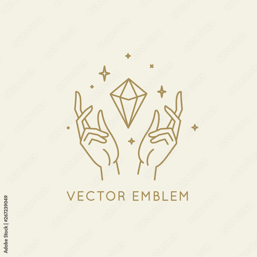 Poster Vector abstract logo design template in trendy linear minimal style - hands and diamond