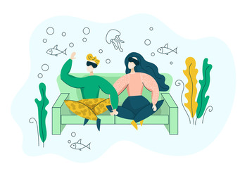 Young family couple wearing VR headset and look at fish underwater - virtual 3D reality glasses concept. Isolated flat trendy cartoon modern style Illustration character for web and print poster