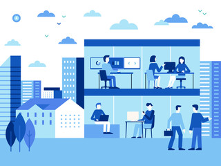 Vector illustration in flat simple style with characters - city landscape and coworking center with people working at the computers