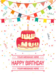 Happy birthday - cake and ribbon party flat style. illustration icon isolated on white background.