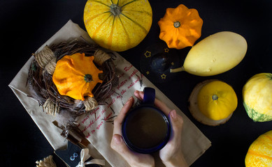 autumn pumpkin hands coffee