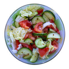 vegetable salad tomato, cucumber and chinese cabbage in a bowl, isolated background