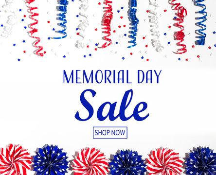 Memorial day sale message with red and blue colored decorations