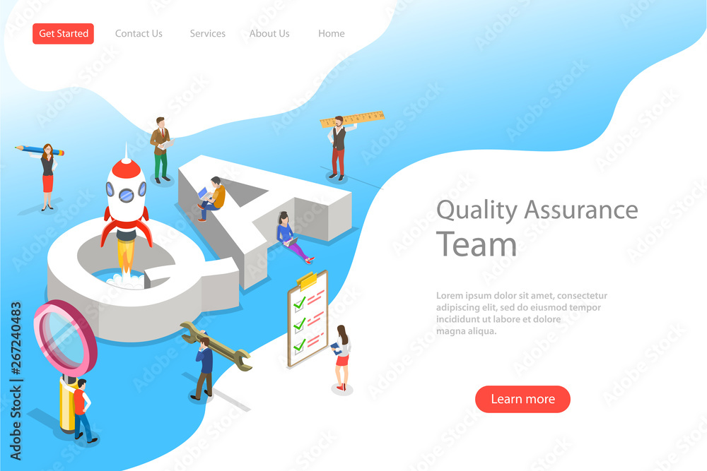 Poster isometric flat vector landing page template of qa, quality assurance.