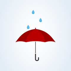 Red umbrella with rain flat style. illustration icon isolated on white background.