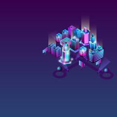 Isometric 3d city in neon ultraviolet colors. Neon buildings, architecture. 3d map of isometry city for business design concept. Vector.